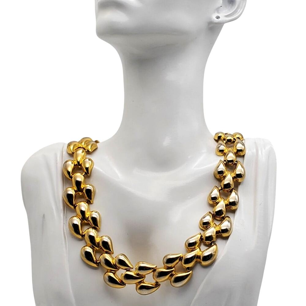 Chunky Gold Tone Teardrop Choker Puffy Petal Cluster Link Collar Necklace 1980s